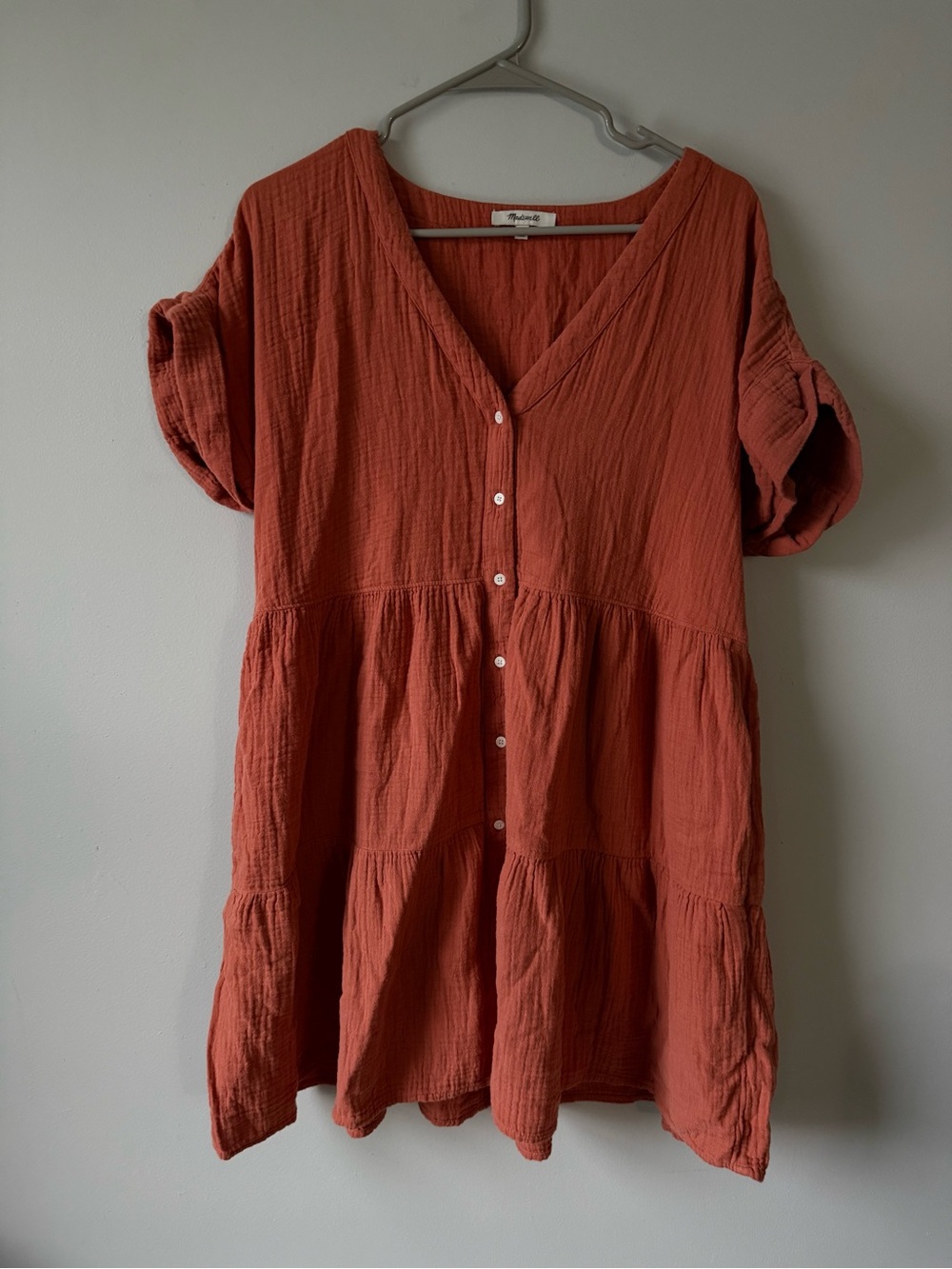 Madewell V-Neck Button Front Cotton Dress Rust Orange Hippie Boho Ruffles Size M
